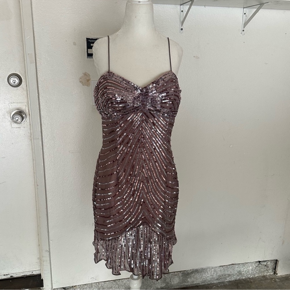Scala Asymmetrical Ruched Sequin Mini Dress Purple